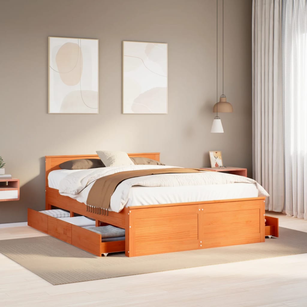 Bedframe with Headboard Wax Brown 150x200cm King Size Solid Wood Pine - Decor Base