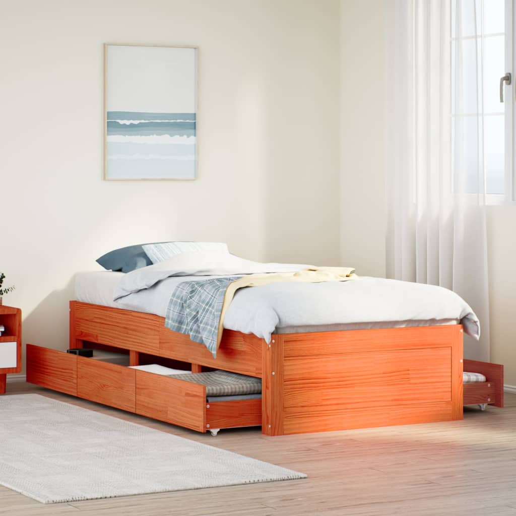 Bedframe with Drawers Wax Brown 90x200cm Solid Wood Pine - All Things Good