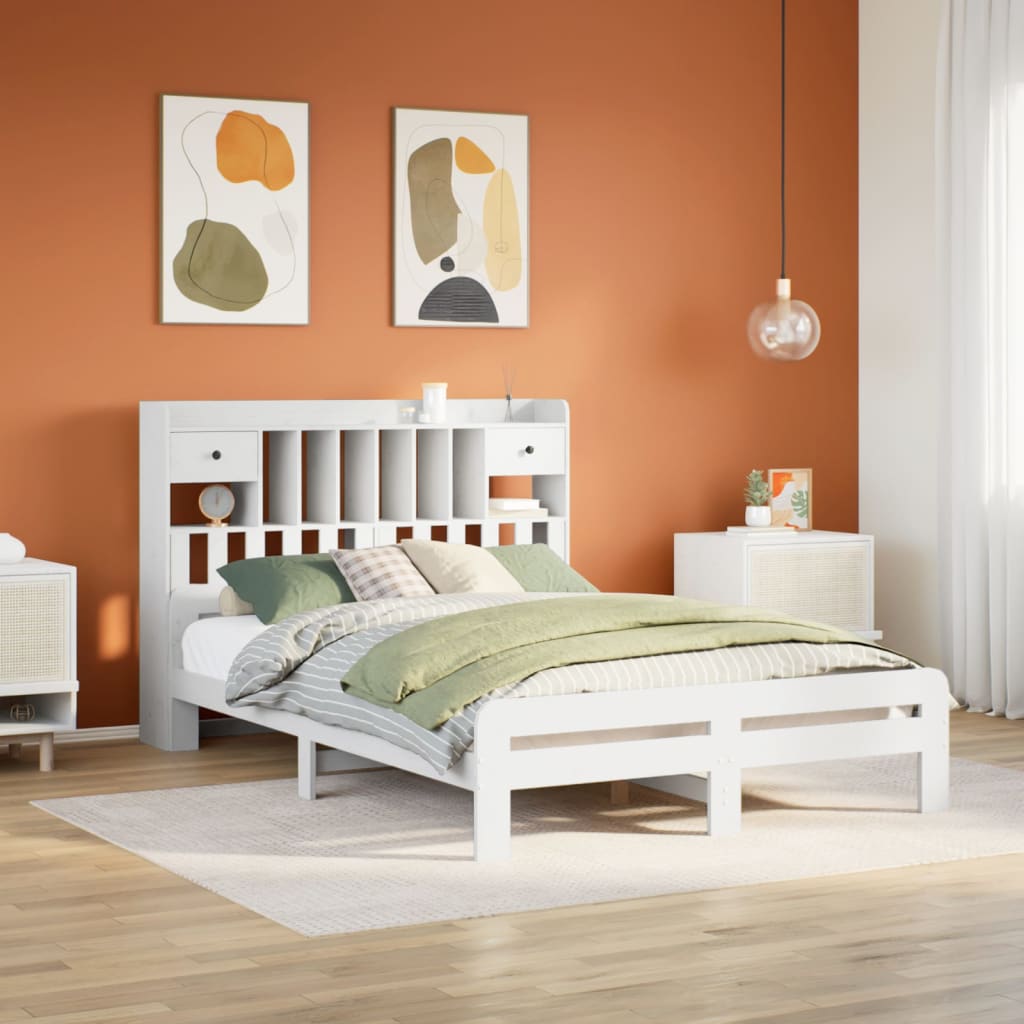Bookcase Bed White 140x190cm Solid Wood Pine - Design Hut