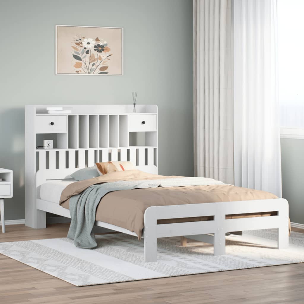 Bookcase Bed White 135x190cm Double Solid Wood Pine - All Things Good