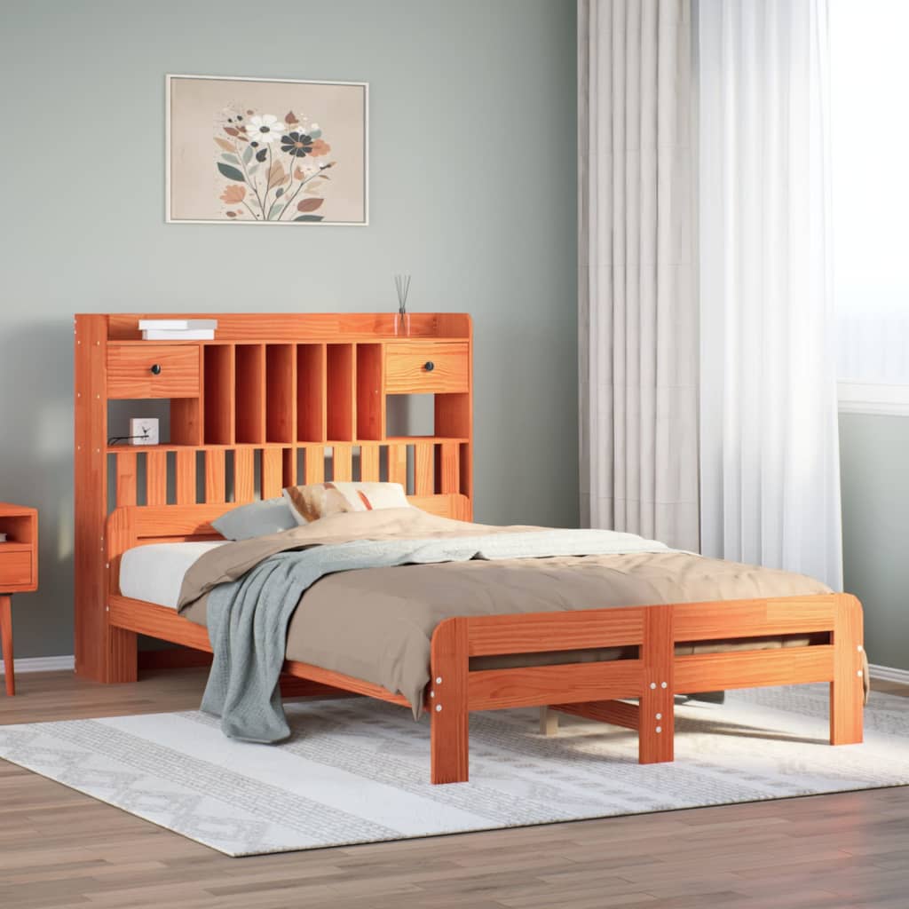Bookcase Bed Wax Brown 135x190cm Double Solid Wood Pine - Decor Base