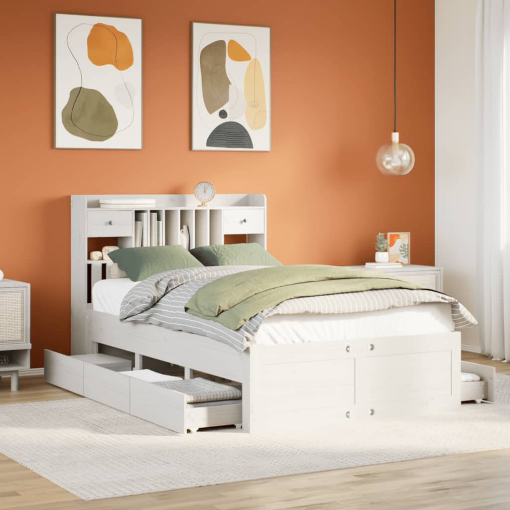 Bookcase Bed White 135x190cm Double Solid Wood Pine - Merkel Designers