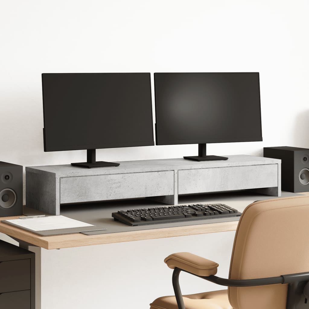 Monitor Stand with Drawers Concrete Grey 100x27x15 cm Engineered Wood - Charlotte Dunes