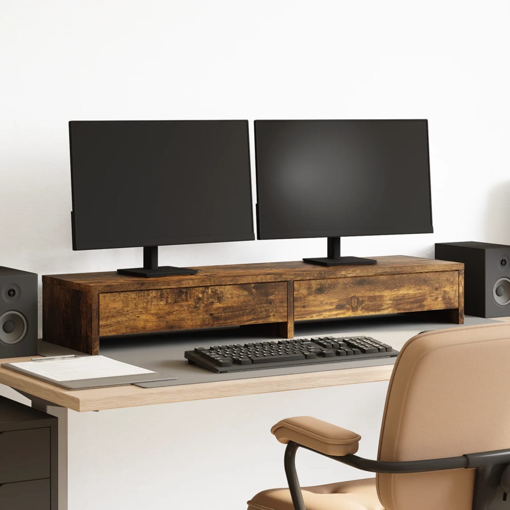 Monitor Stand with Drawers Smoked Oak 100x27x15 cm Engineered Wood - Charlotte Dunes