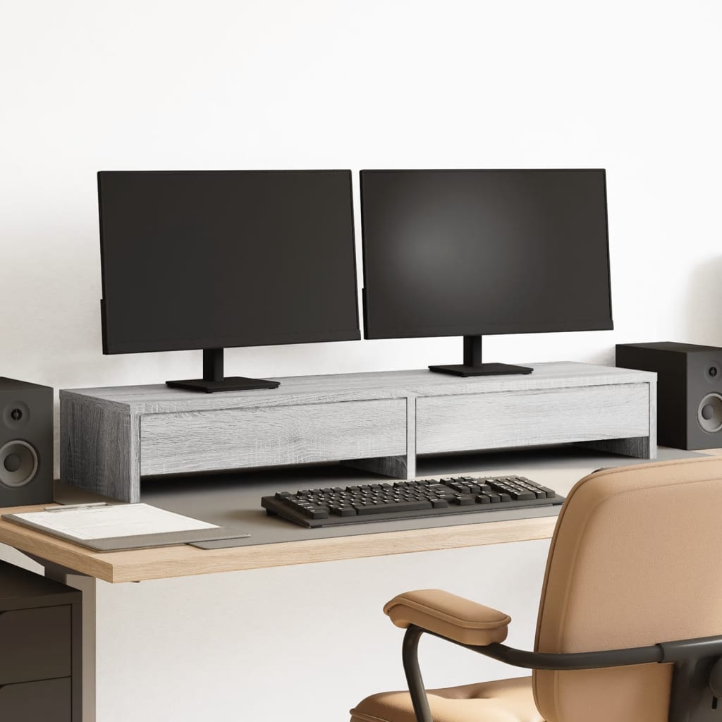 Monitor Stand with Drawers Grey Sonoma 100x27x15 cm Engineered Wood - Charlotte Dunes