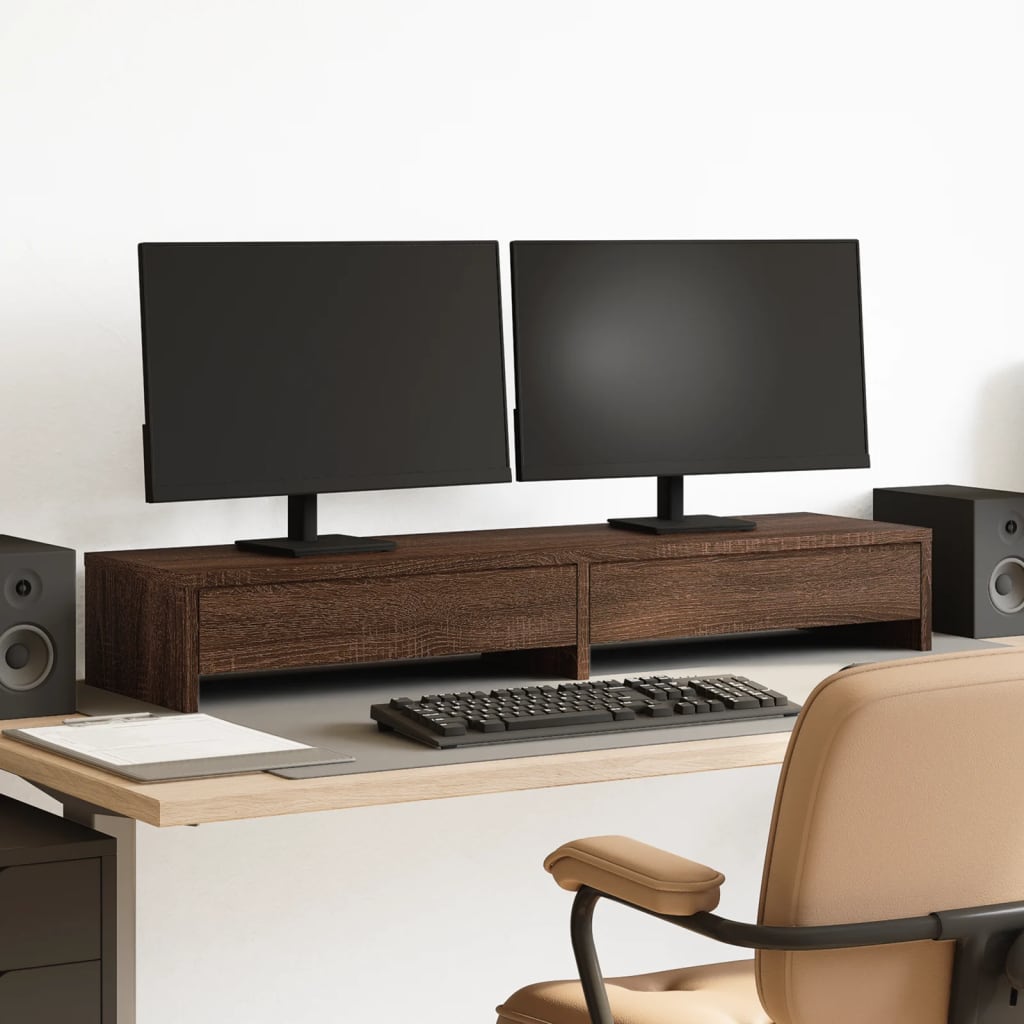 Monitor Stand with Drawers Brown Oak 100x27x15 cm Engineered Wood - Charlotte Dunes