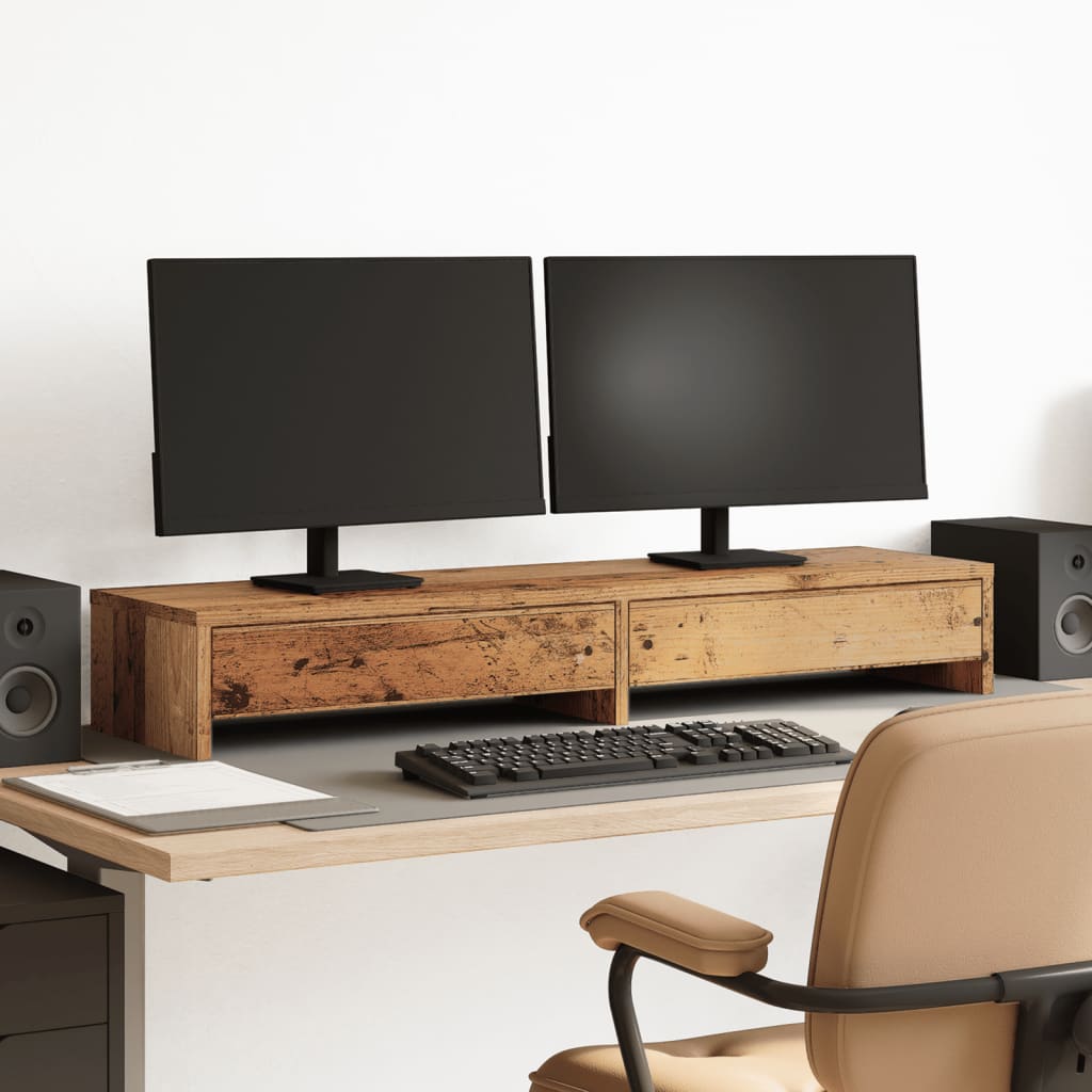 Monitor Stand with Drawers Old Wood 100x27x15 cm Engineered Wood - Charlotte Dunes