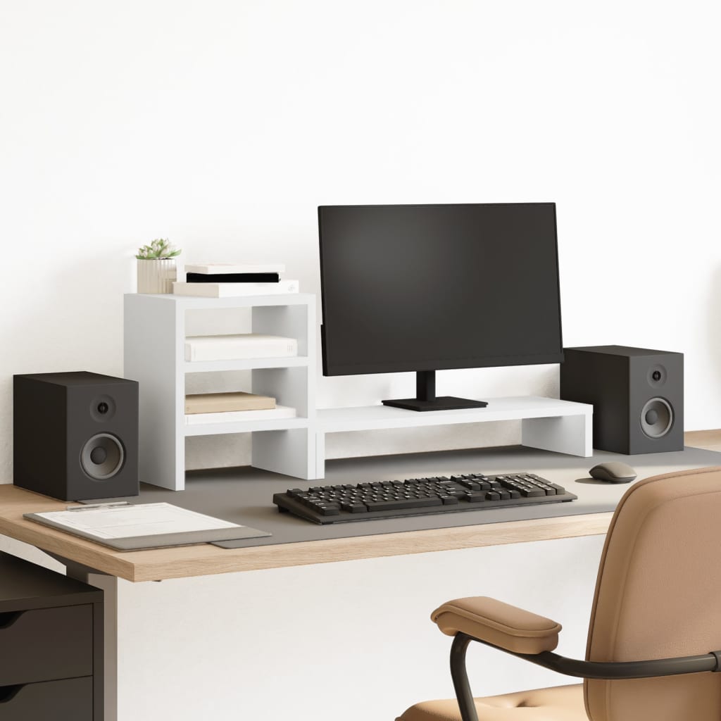 Monitor Stand with Desk Organiser White Engineered Wood - Design Hut