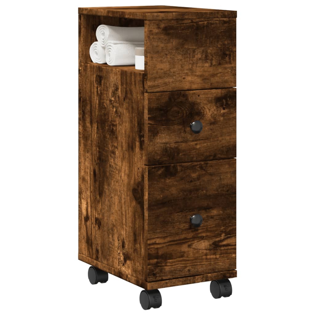 Narrow Bathroom Cabinet with Wheels Smoked Oak Engineered Wood - vid-855236 - Discount Dealers