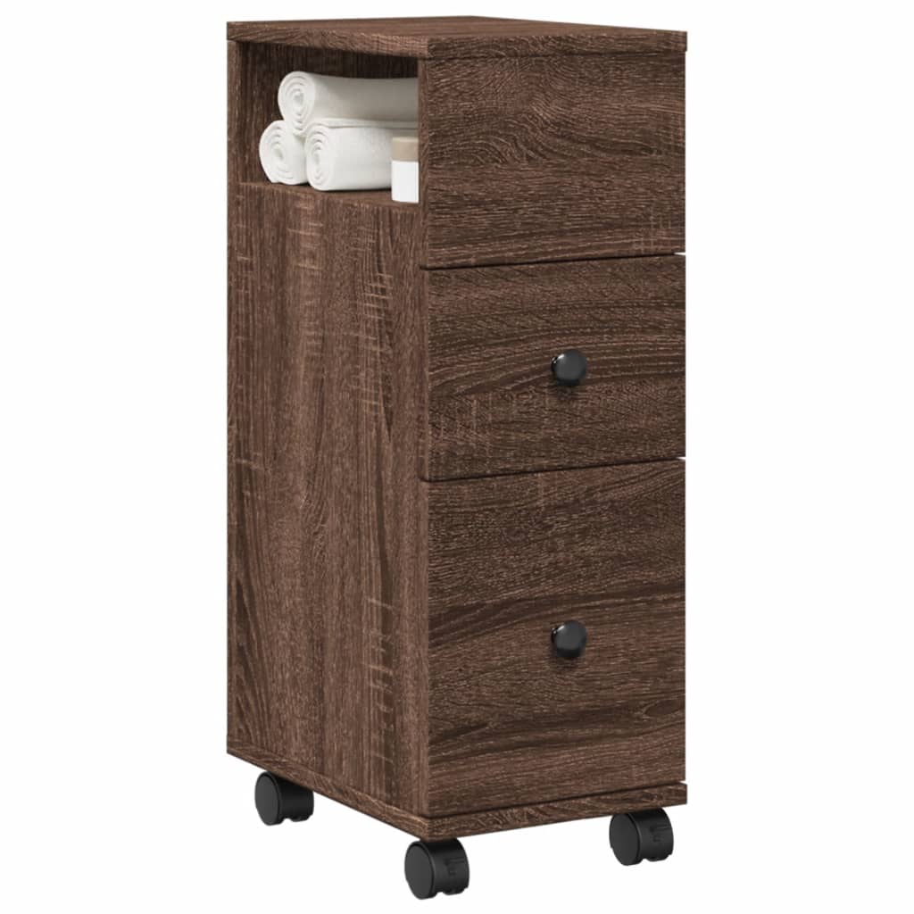 Narrow Bathroom Cabinet with Wheels Brown Oak Engineered Wood - vid-855238 - Discount Dealers