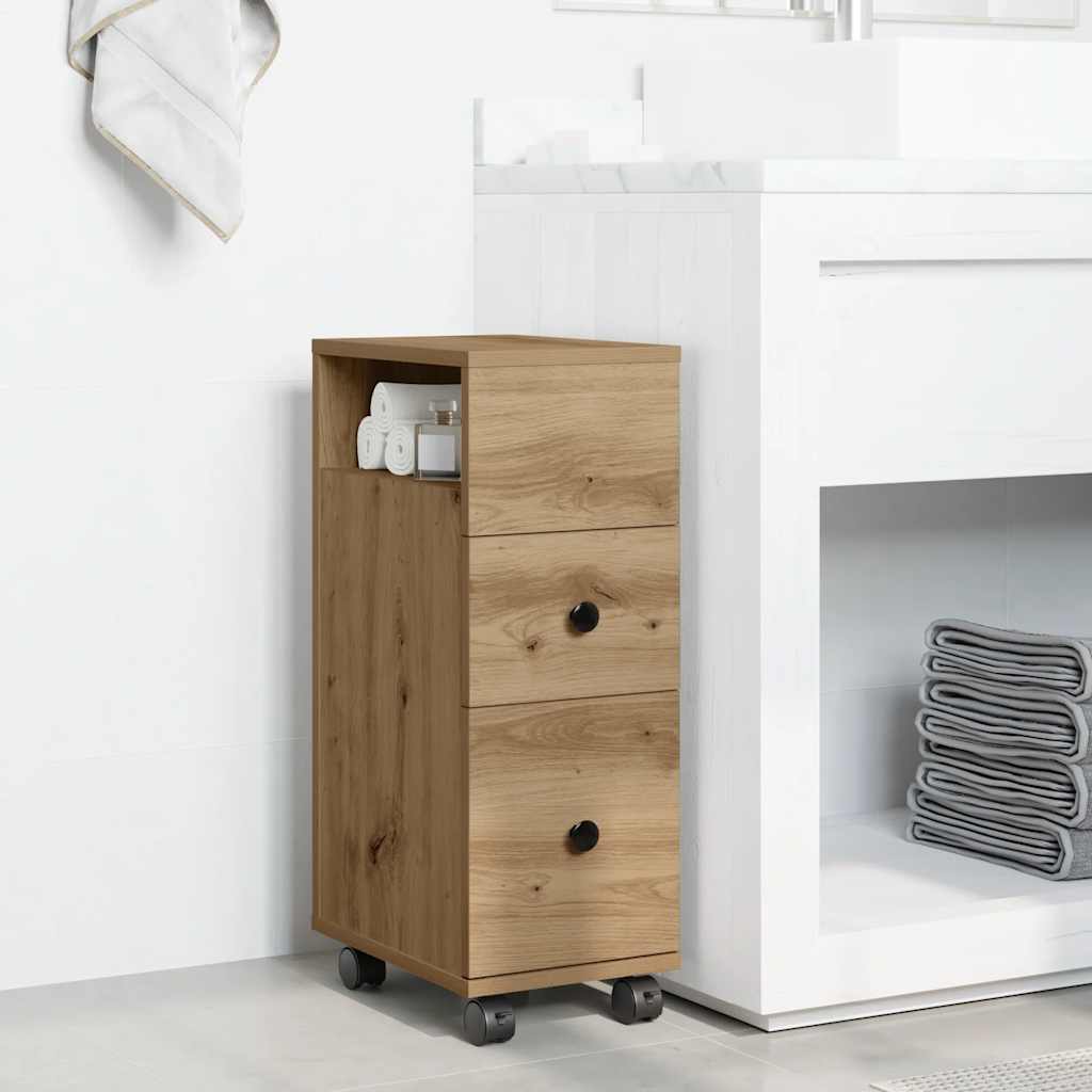Narrow Bathroom Cabinet with Wheels Artisian Oak Engineered Wood - Style and Chic