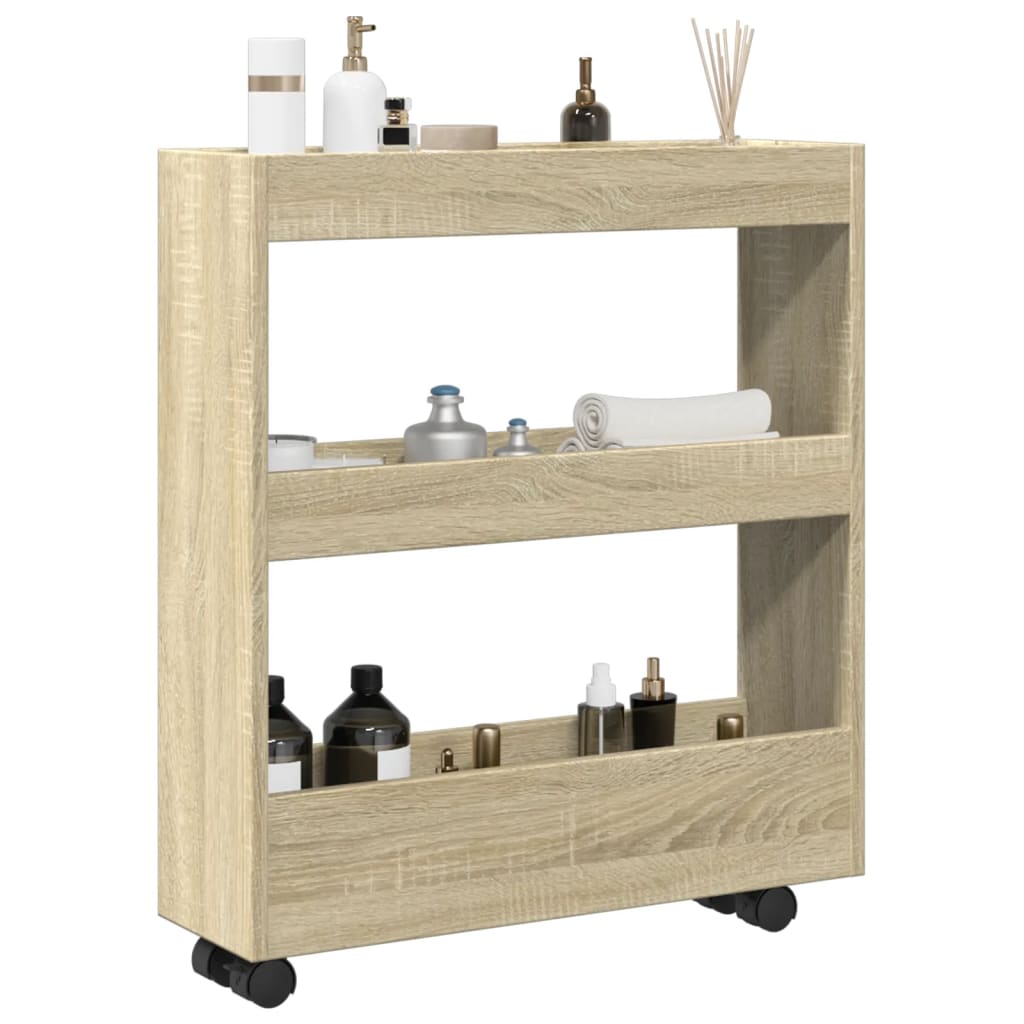 Narrow Storage Trolley 3 Tier Sonoma Oak Engineered Wood - vid-855243 - Decor Base