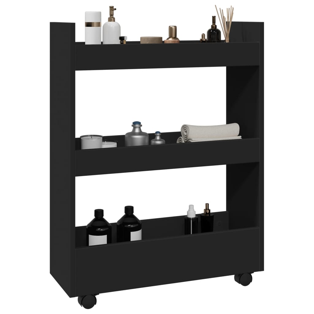 Narrow Storage Trolley 3 Tier Black Engineered Wood - Brittle & Co