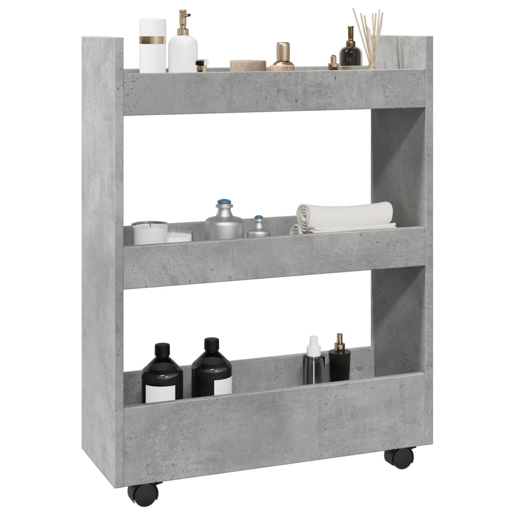 Narrow Storage Trolley 3 Tier Concrete Grey Engineered Wood - Brittle & Co