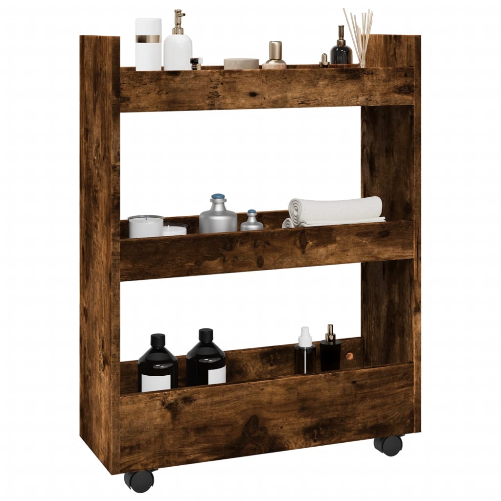 Narrow Storage Trolley 3 Tier Smoked Oak Engineered Wood - Brittle & Co
