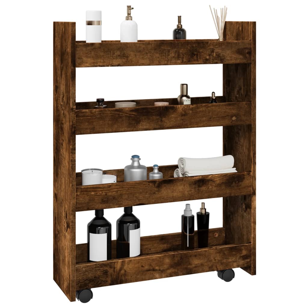 Narrow Storage Trolley 4 Tier Smoked Oak Engineered Wood - Brittle & Co
