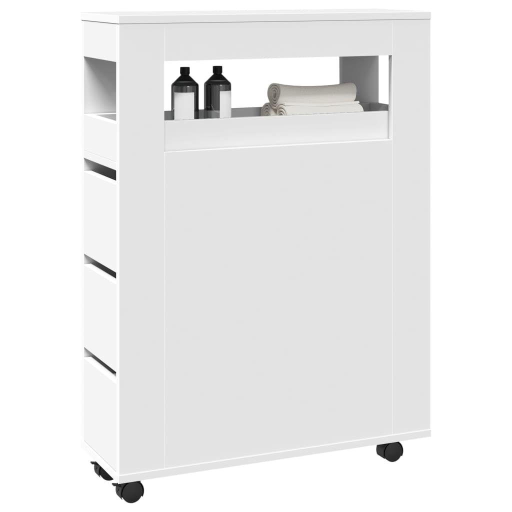 Narrow Bathroom Cabinet with Wheels White Engineered Wood - vid-855268 - Direct Imports