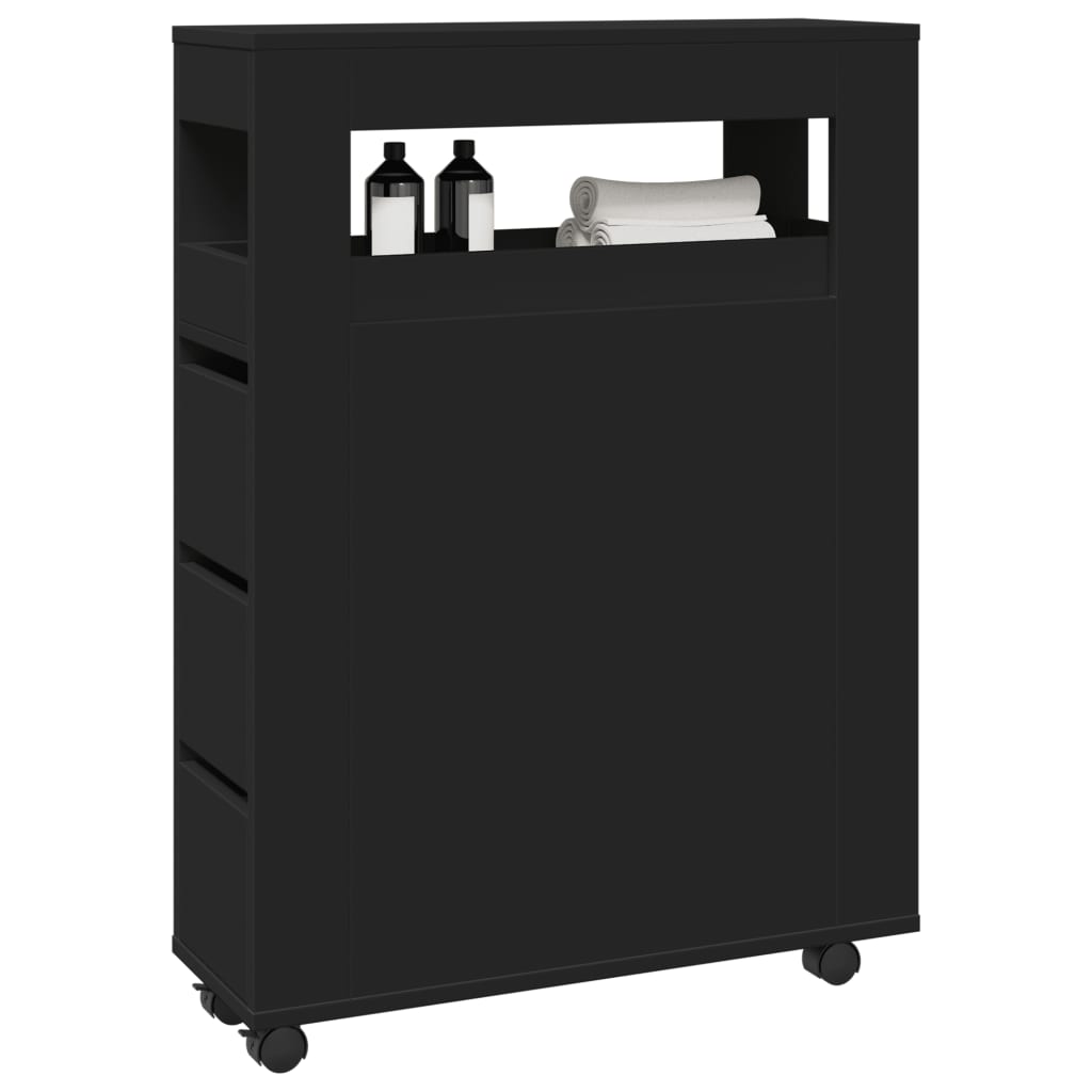 Narrow Bathroom Cabinet with Wheels Black Engineered Wood - Direct Imports