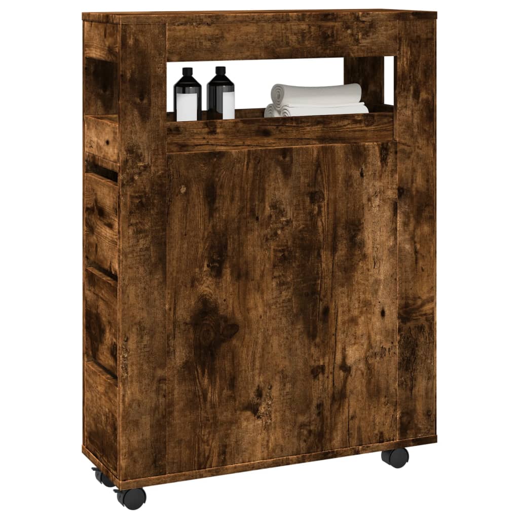 Narrow Bathroom Cabinet with Wheels Smoked Oak Engineered Wood - vid-855272 - Direct Imports