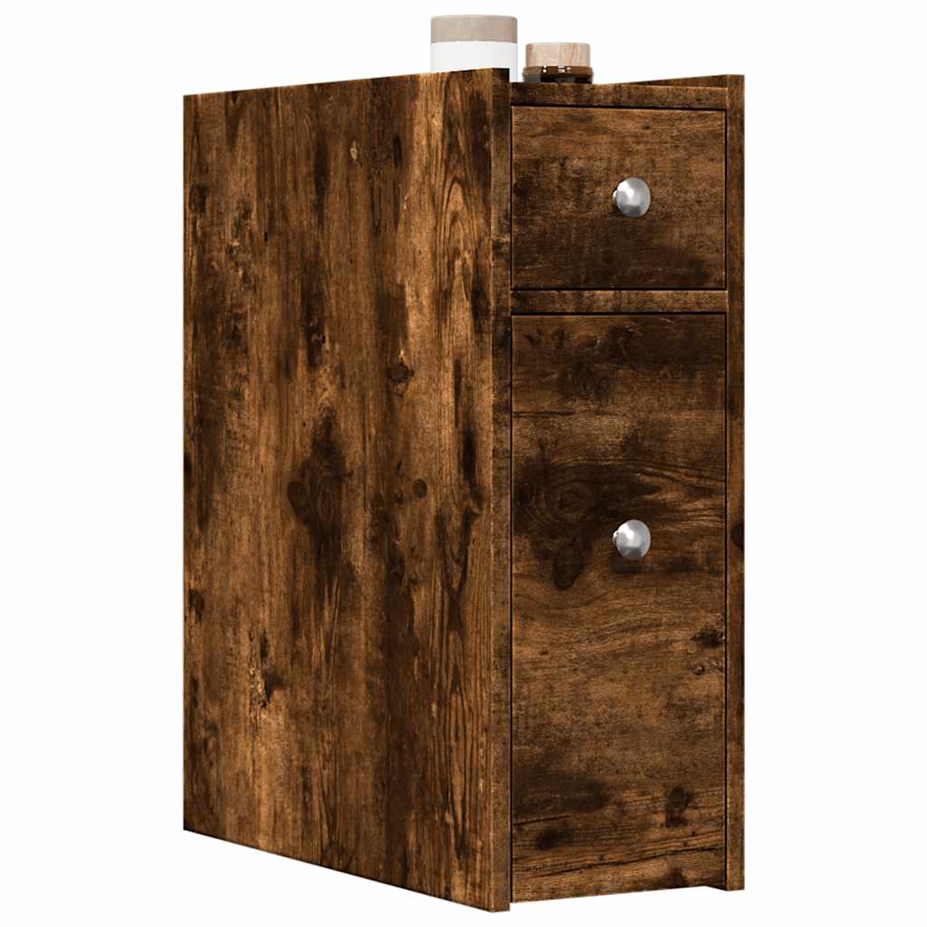 Narrow Bathroom Cupboard with Wheels Smoked Oak Engineered Wood - vid-855290 - Discount Dealers