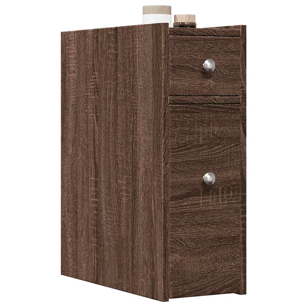 Narrow Bathroom Cupboard with Wheels Brown Oak Engineered Wood - vid-855292 - Discount Dealers