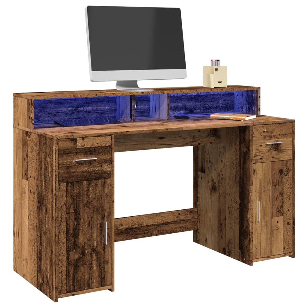 Desk with LED Lights Old Wood 140x55x91 cm Engineered Wood - Direct Imports