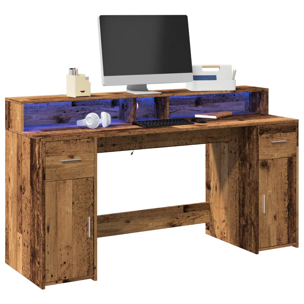 Desk with LED Lights Old Wood 160x55x91 cm Engineered Wood - Sid & Sam