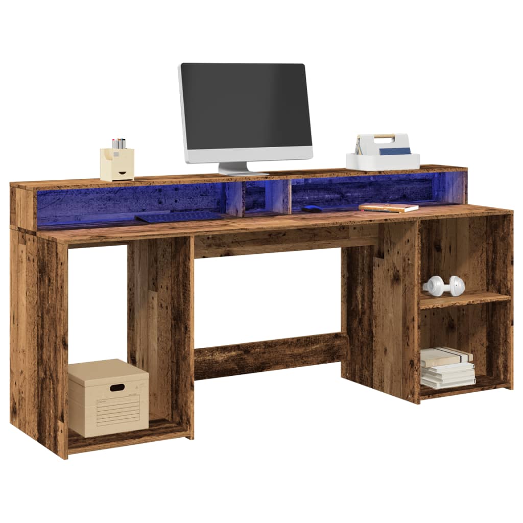 Desk with LED Lights Old Wood 200x55x91 cm Engineered Wood - Direct Imports
