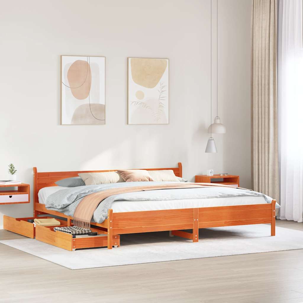 Bedframe Wax Brown 200x200cm Solid Wood Pine - Merkel Designers