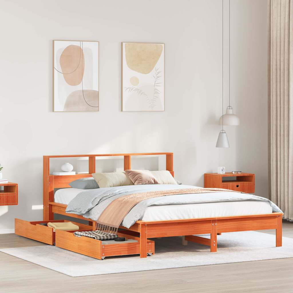 Bookcase Bed Wax Brown 135x190cm Double Solid Wood Pine - Merkel Designers