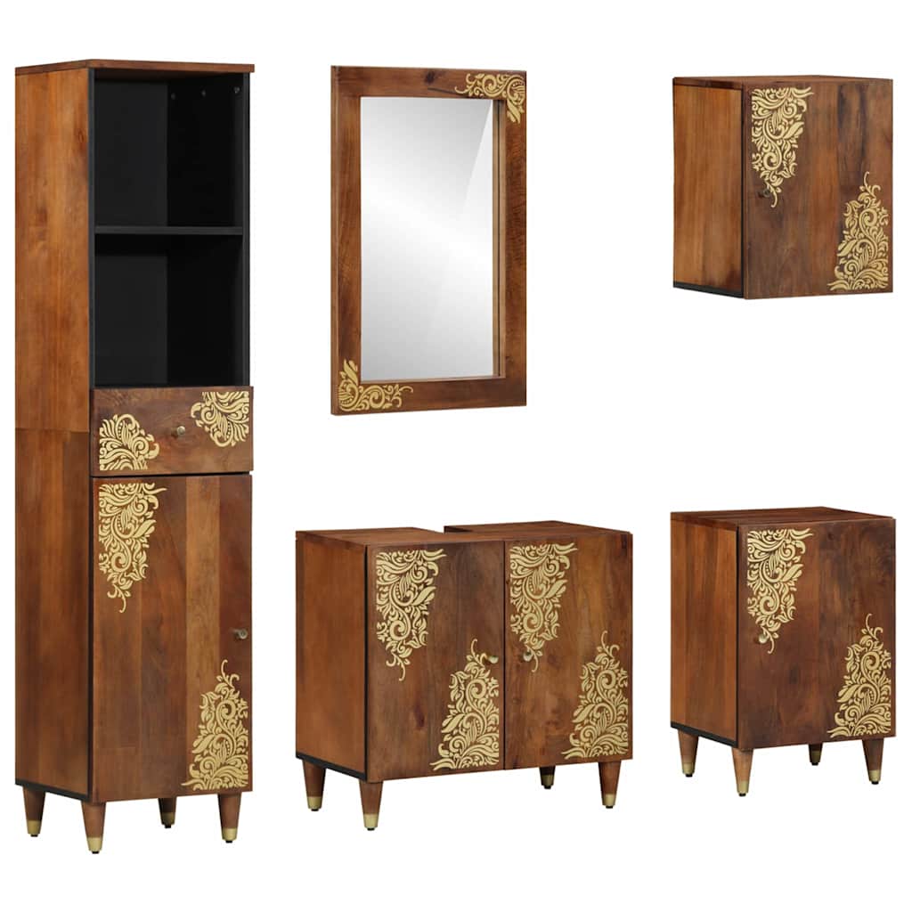 5 Piece Bathroom Furniture Set Solid Rough Wood Mango - Millennium Furniture