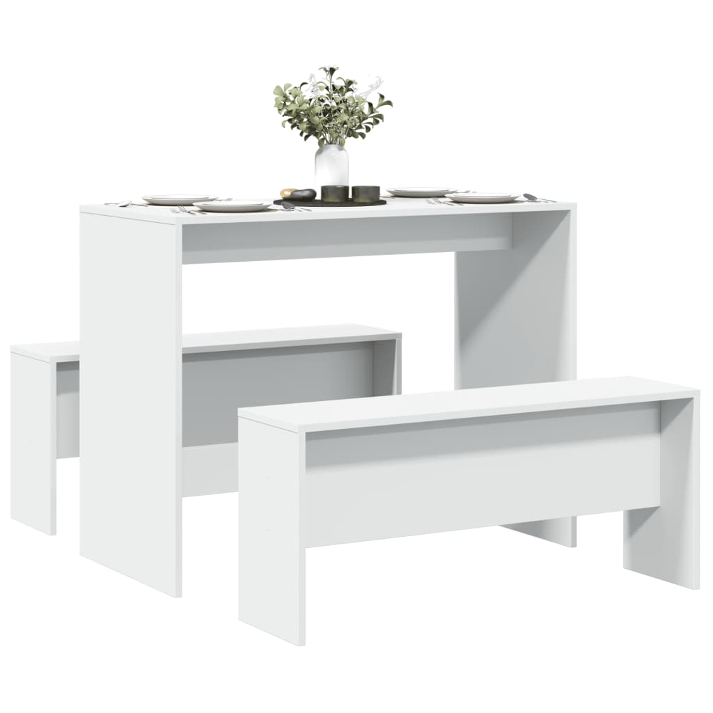 3 Piece Dining Table and Bench set White Engineered Wood - Decor Base