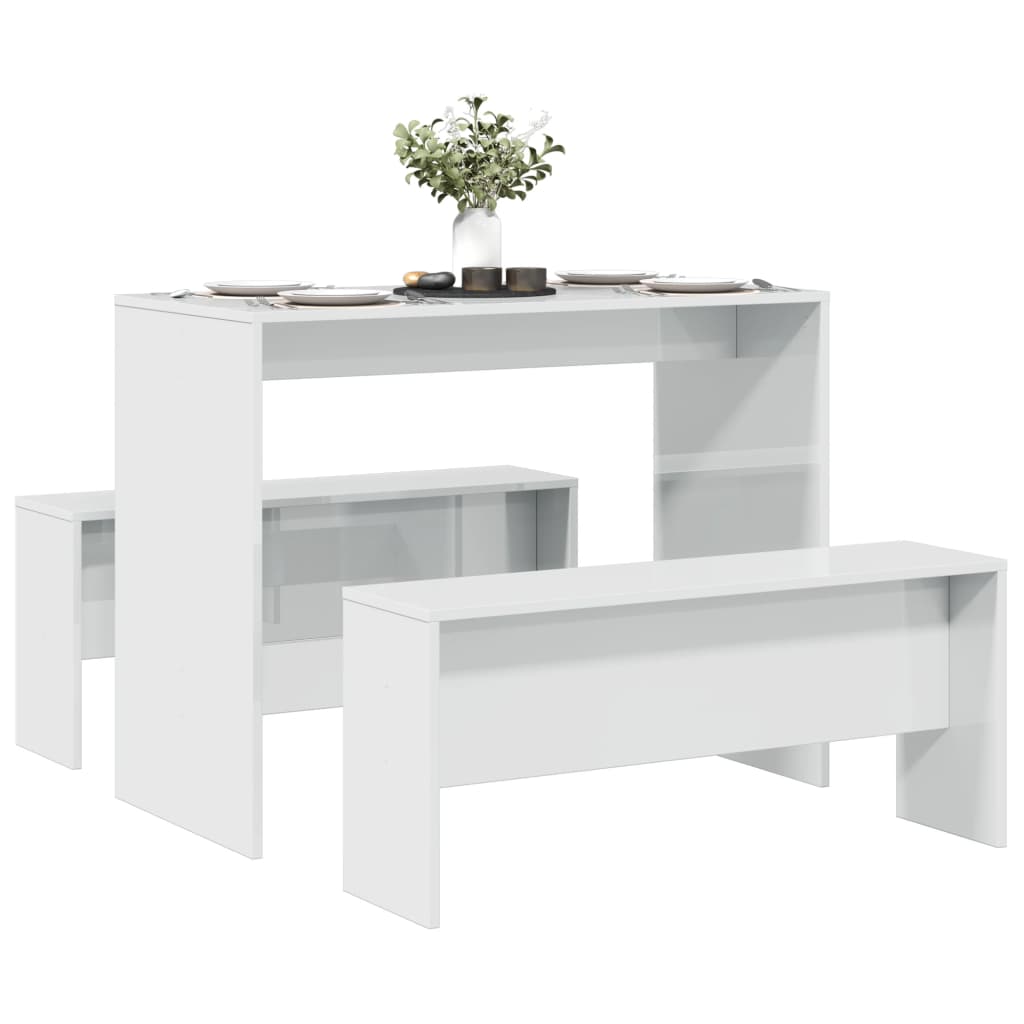 3 Piece Dining Table and Bench set High Gloss White Engineered Wood - Decor Base