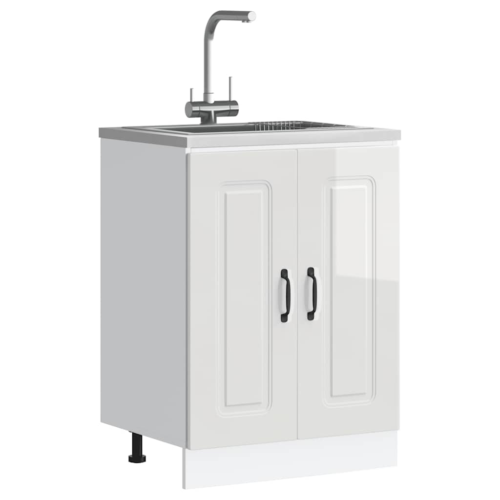 Sink Base Cabinet Kalmar High Gloss White 60x46x81.5 cm Engineered Wood - Design Hut