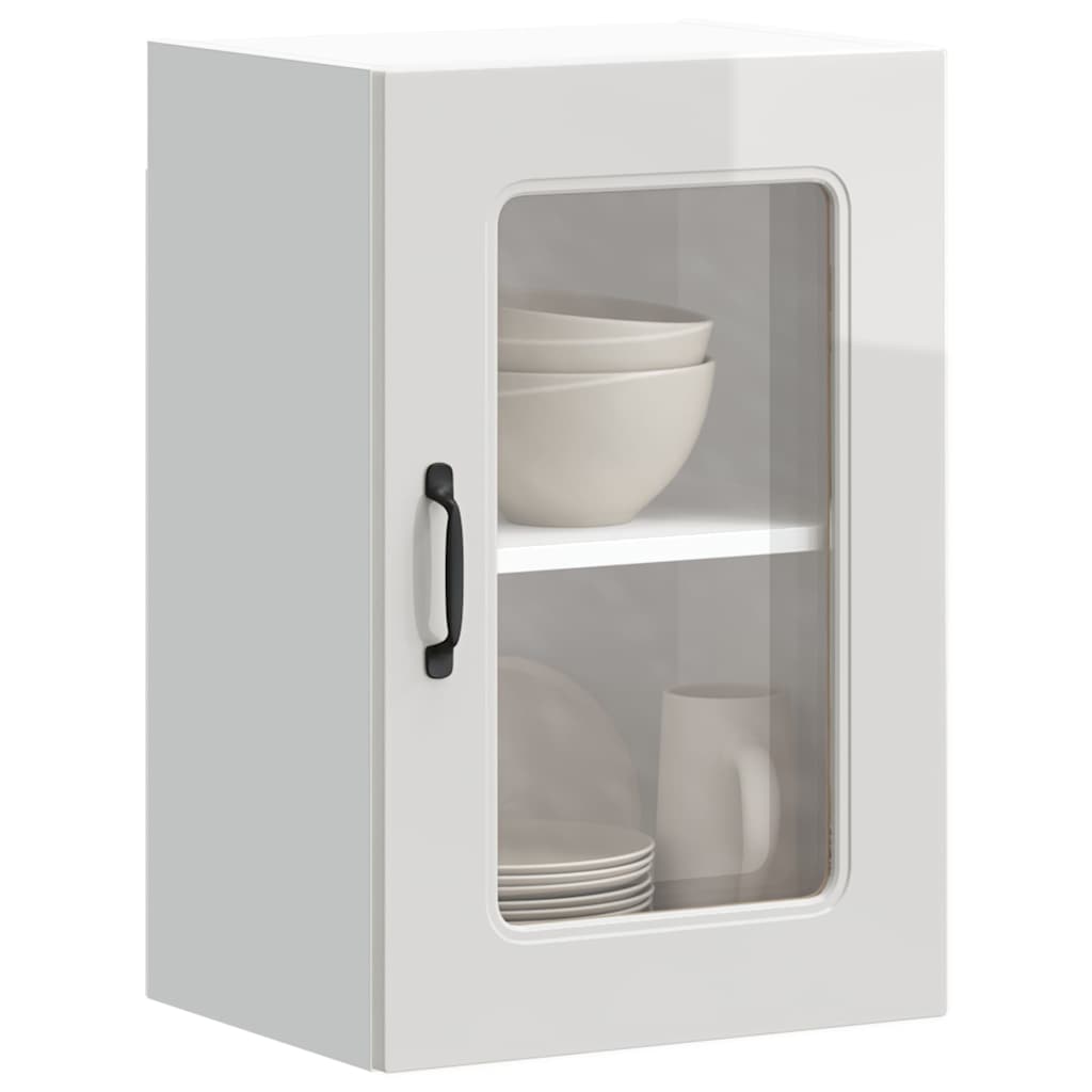 Kitchen Wall Cabinet with Glass Door Kalmar High Gloss White Engineered Wood - Charlotte Dunes