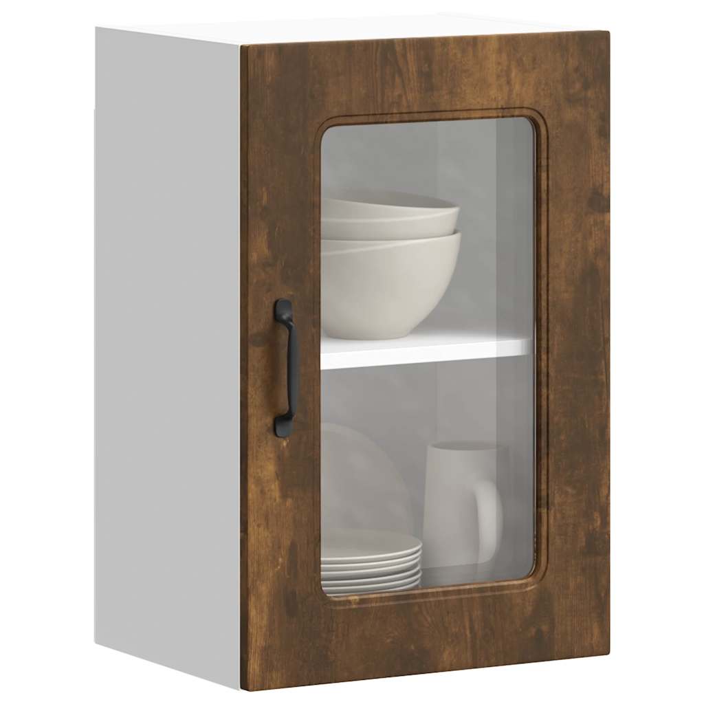 Kitchen Wall Cabinet with Glass Door Kalmar Smoked Oak Engineered Wood - Merlin Deals