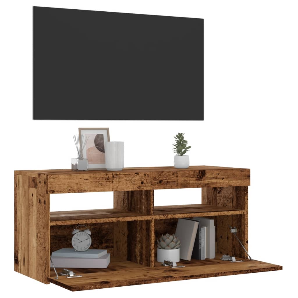 TV Cabinet with LED Lights Old Wood 90x35x40 cm Engineered Wood - Charlotte Dunes