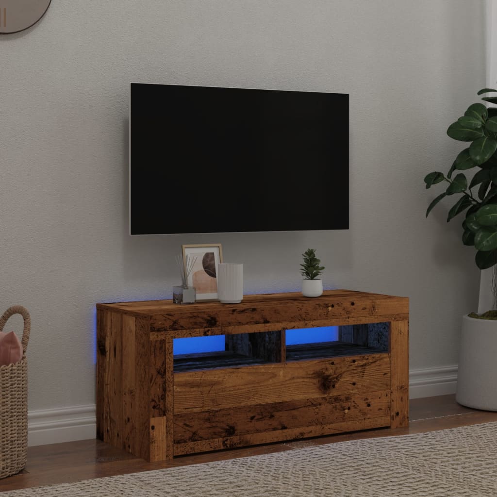 TV Cabinet with LED Lights Old Wood 90x35x40 cm Engineered Wood - Decor Base