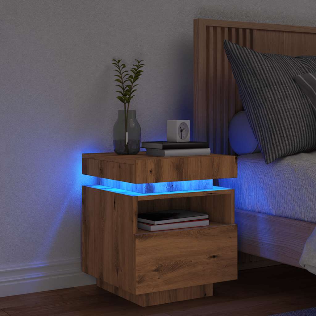 Bedside Cabinet with LED Lights Artisan Oak 40x39x48.5 cm - Design Hut