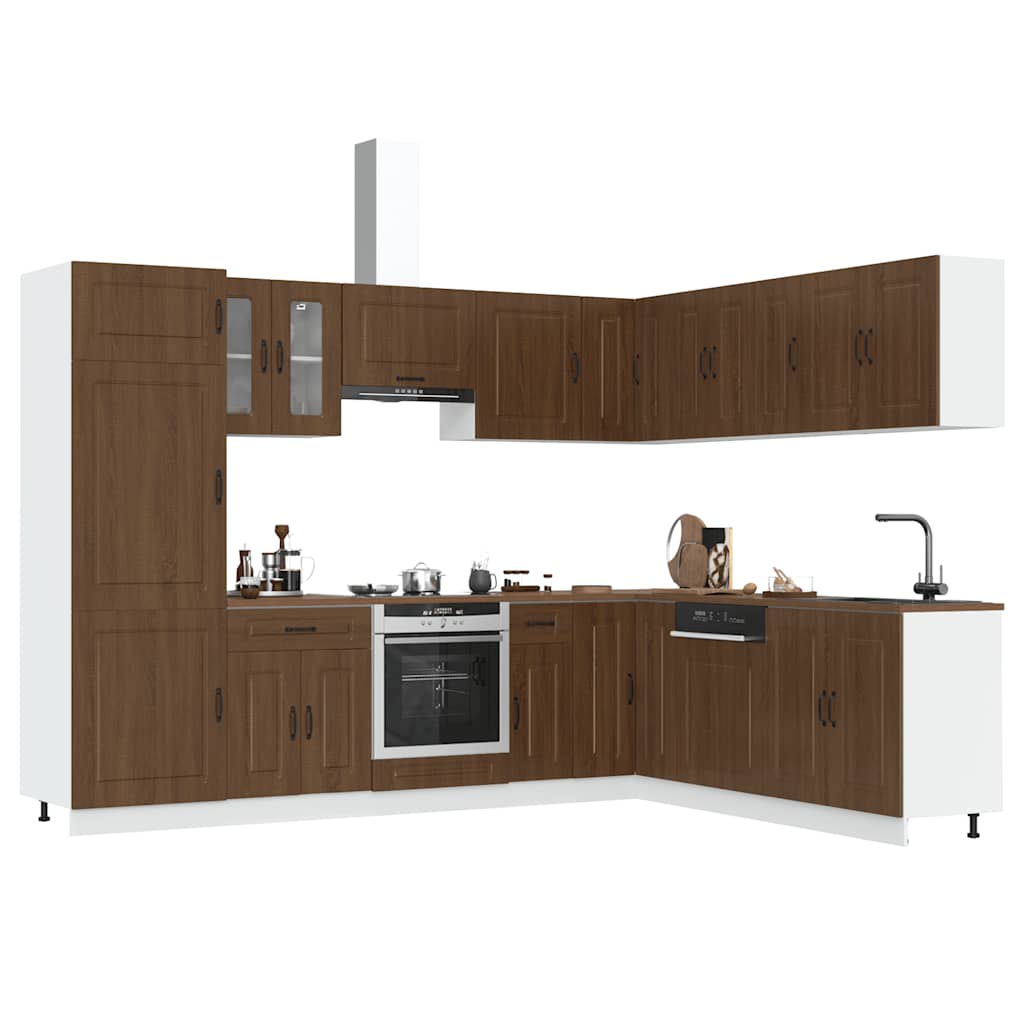 14 Piece Kitchen Cabinet Set Kalmar Brown Oak Engineered Wood - Decor Base