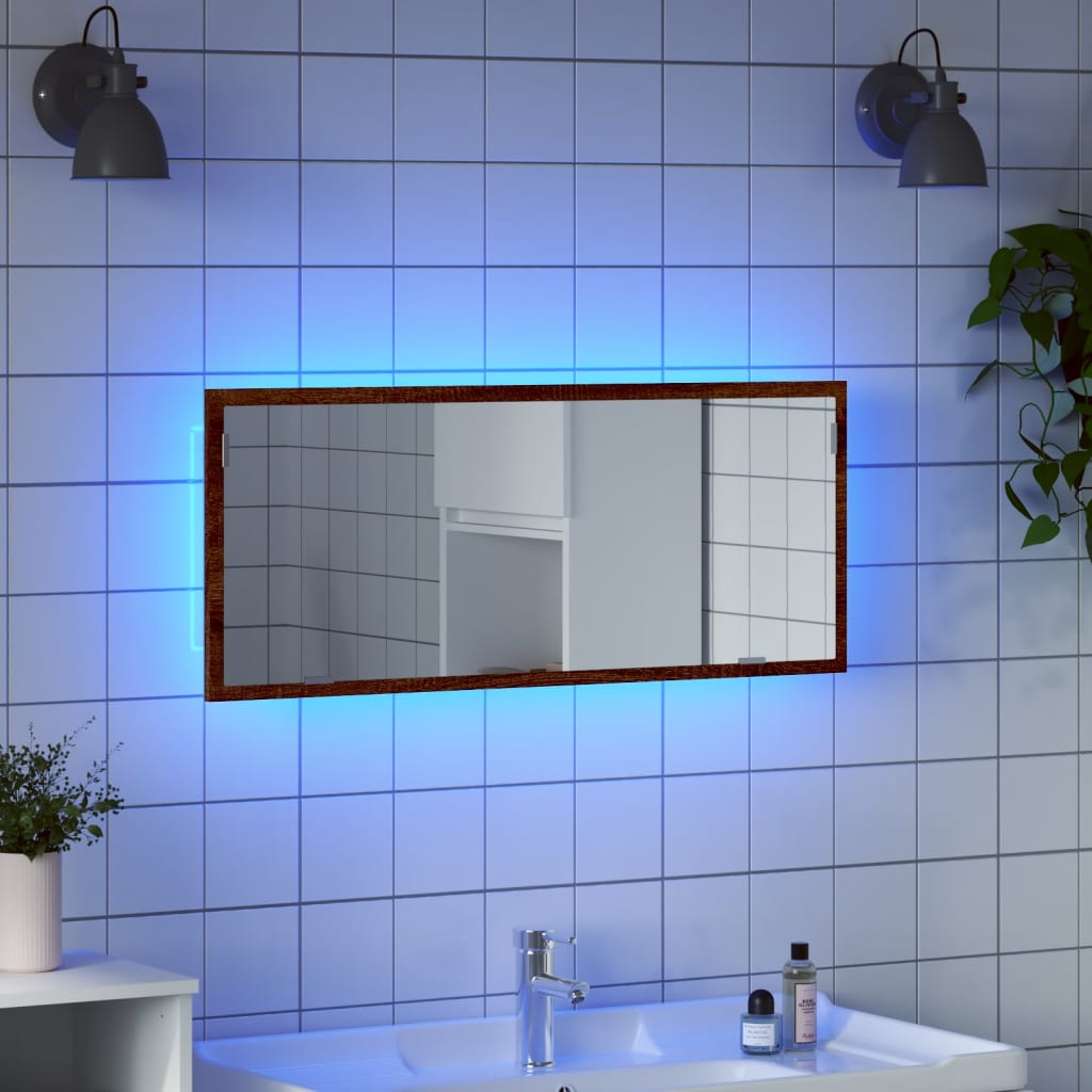 LED Bathroom Mirror Brown Oak 100x8.5x37 cm Engineered Wood - Design Hut