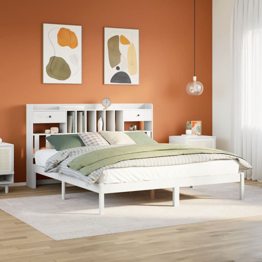 Bookcase Bed White 180x200cm Super King Solid Wood Pine - The Home Maker
