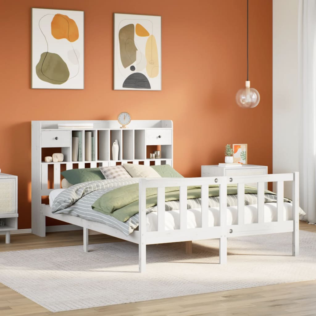 Bookcase Bed White 150x200cm King Solid Wood Pine - All Things Good