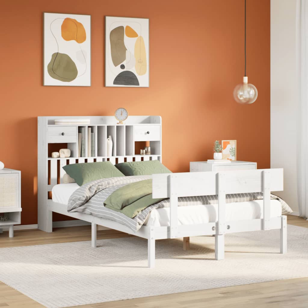 Bookcase Bed White 135x190cm Double Solid Wood Pine - Merlin Deals
