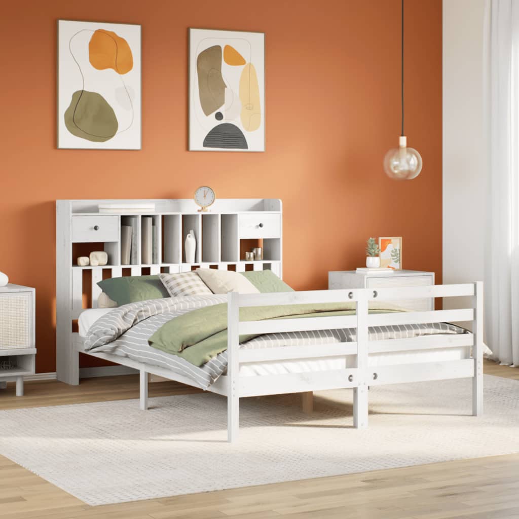 Bookcase Bed White 140x190cm Solid Wood Pine - All Things Good