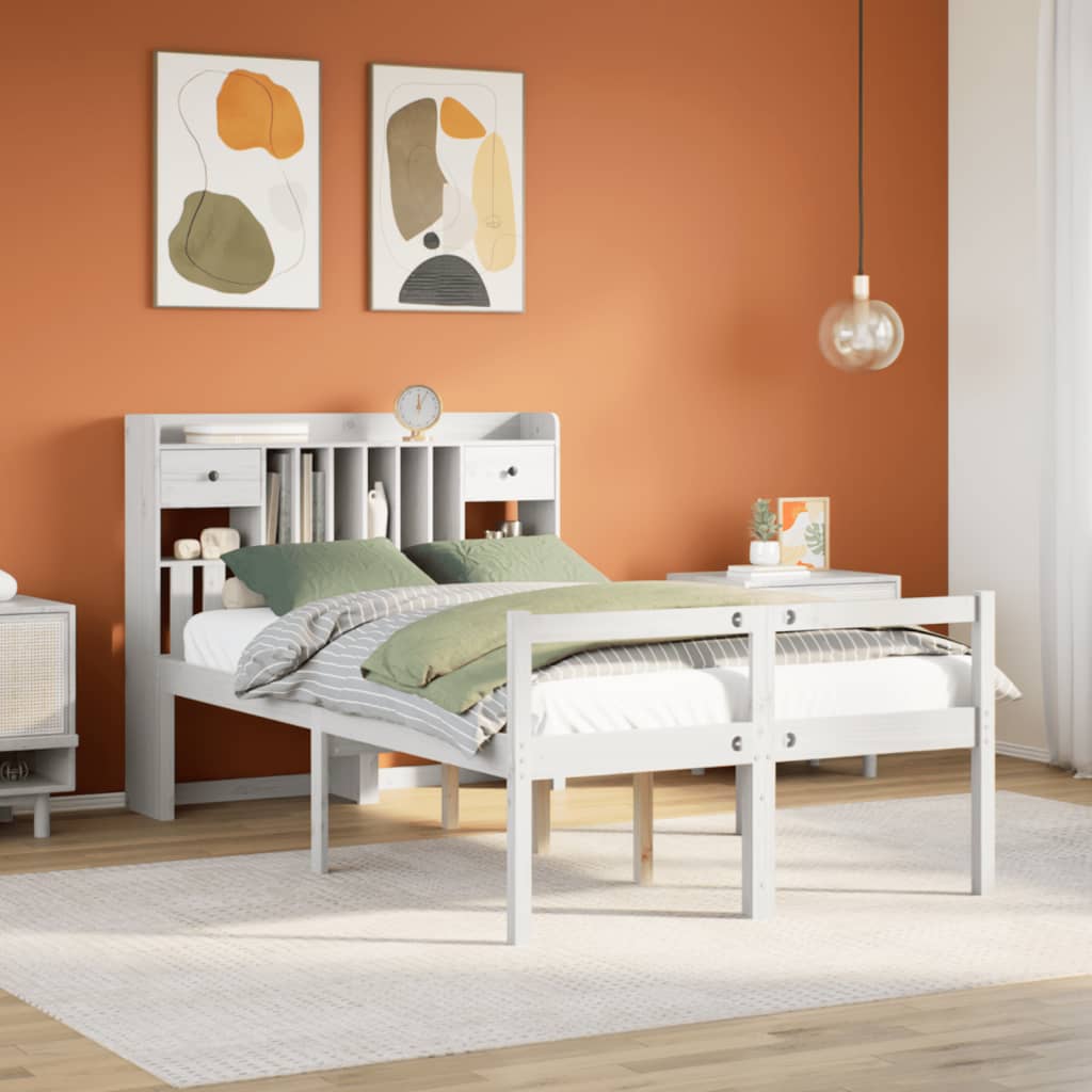 Bookcase Bed White 135x190cm Doouble Solid Wood Pine - All Things Good