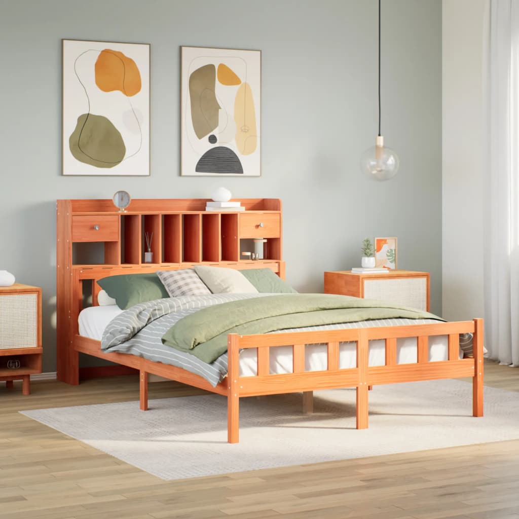 Bookcase Bed Wax Brown 150x200cm King Size Solid Wood Pine - Decor Base
