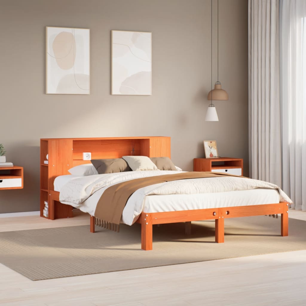 Bookcase Bed Wax Brown 135x190cm Doouble Solid Wood Pine - Charlotte Dunes