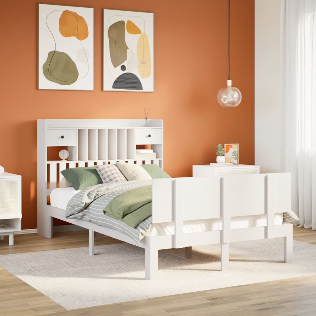 Bookcase Bed White 135x190cm Double Solid Wood Pine - All Things Good