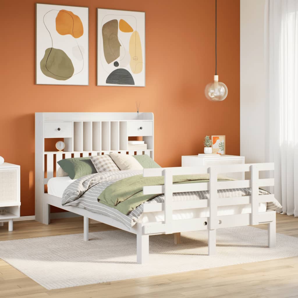 Bookcase Bed White 135x190cm Double Solid Wood Pine - R and M Furniture